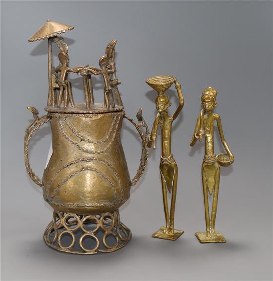 A Benin lidded pot and two figures